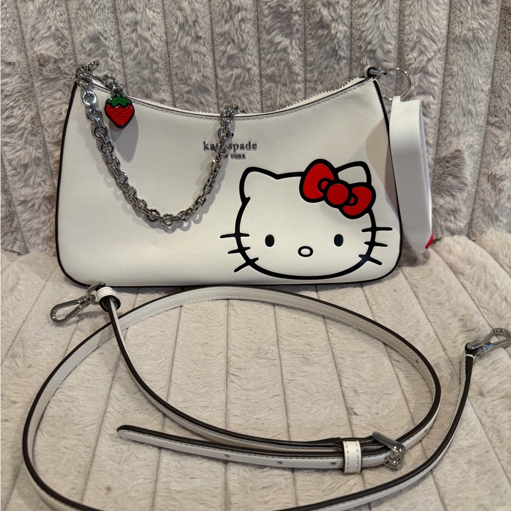 Kate Spade White Hello Kitty Shoulder Bag with Red Bow Charm